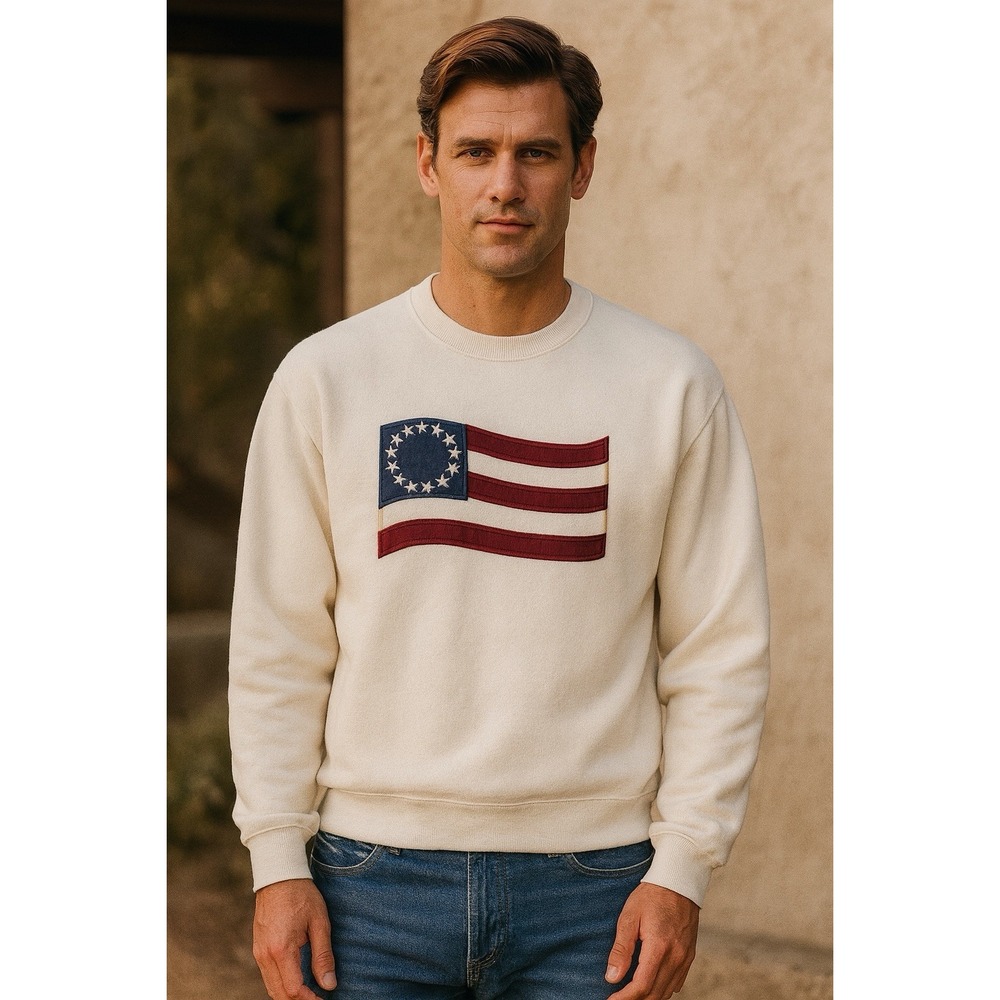 VTG Oarsman 913‎ Mens Betsy Ross Flag Sweatshirt L Cream USA Patriotic Americana